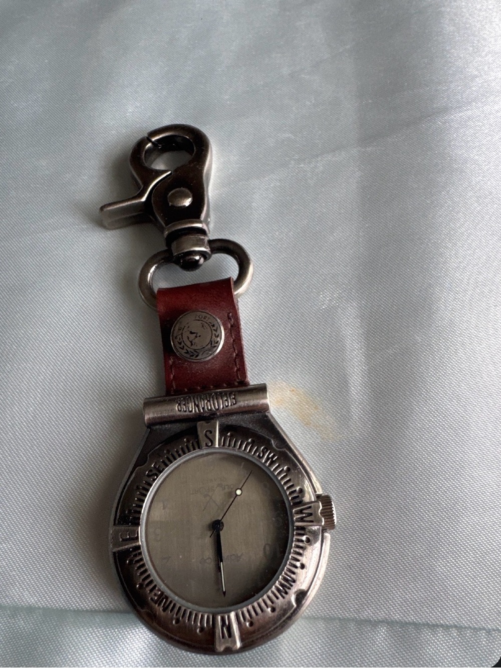 Silver Compass-Style Keychain Watch with Brown Leather Strap